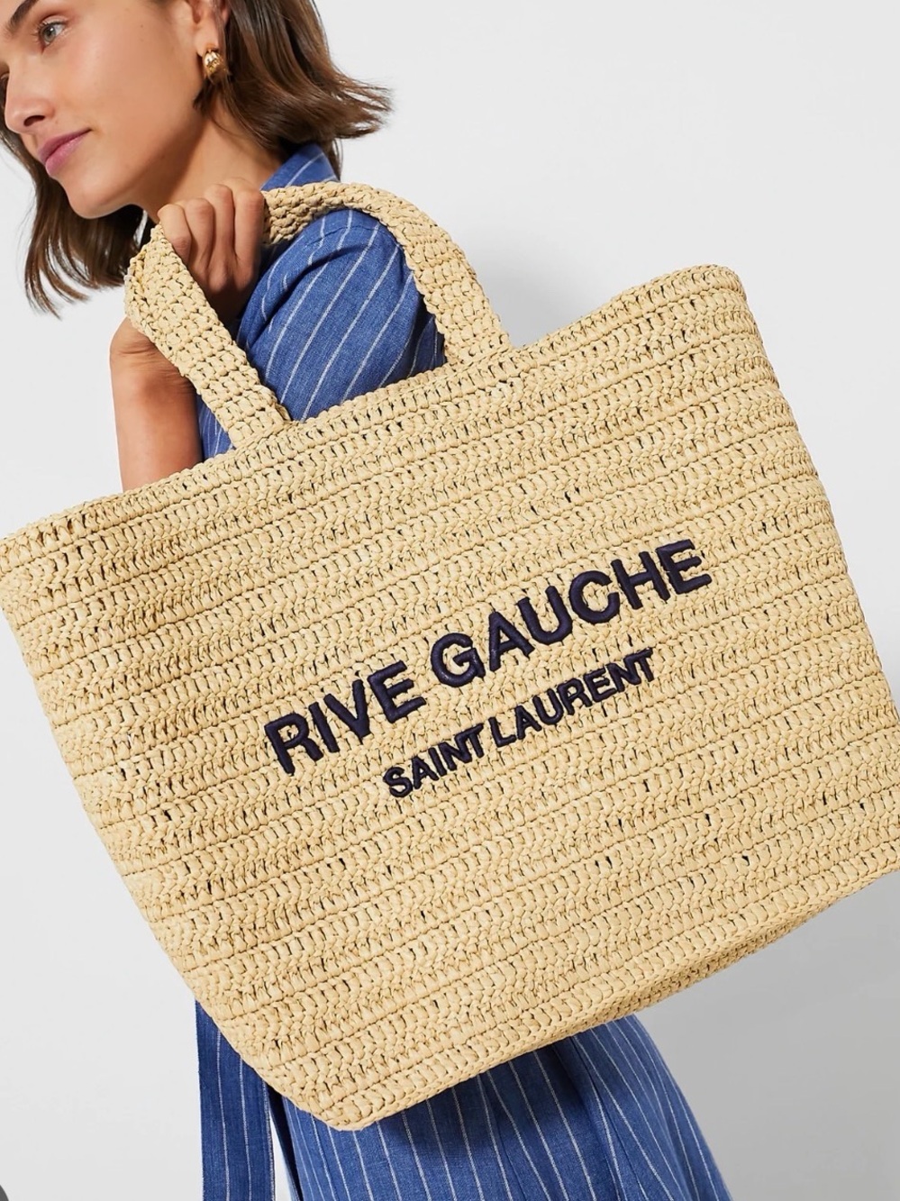 Saint Laurent Straw Rive Gauche Tote with Navy Logo
